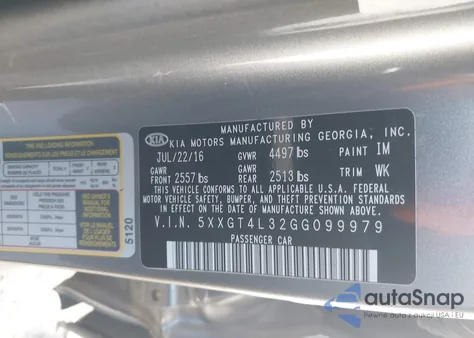 2016 Kia Optima Lx z USA, uszkodzony, nr VIN 5XXGT4L32GG099979